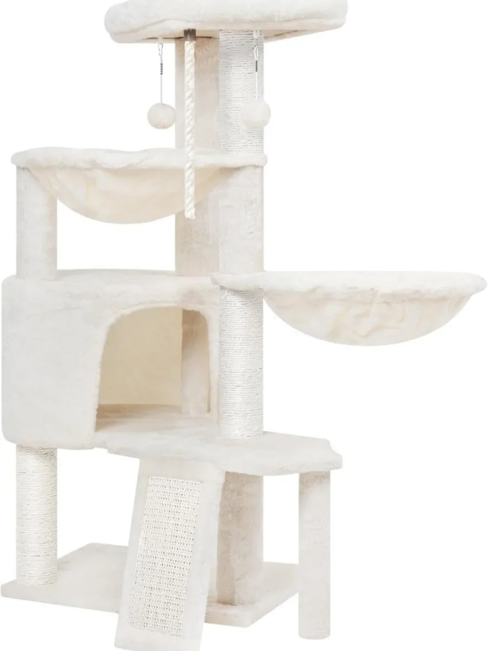 Cozy Three-Layer Cat Tree with Condo, Scratch Pad & Two Hammocks - Beige